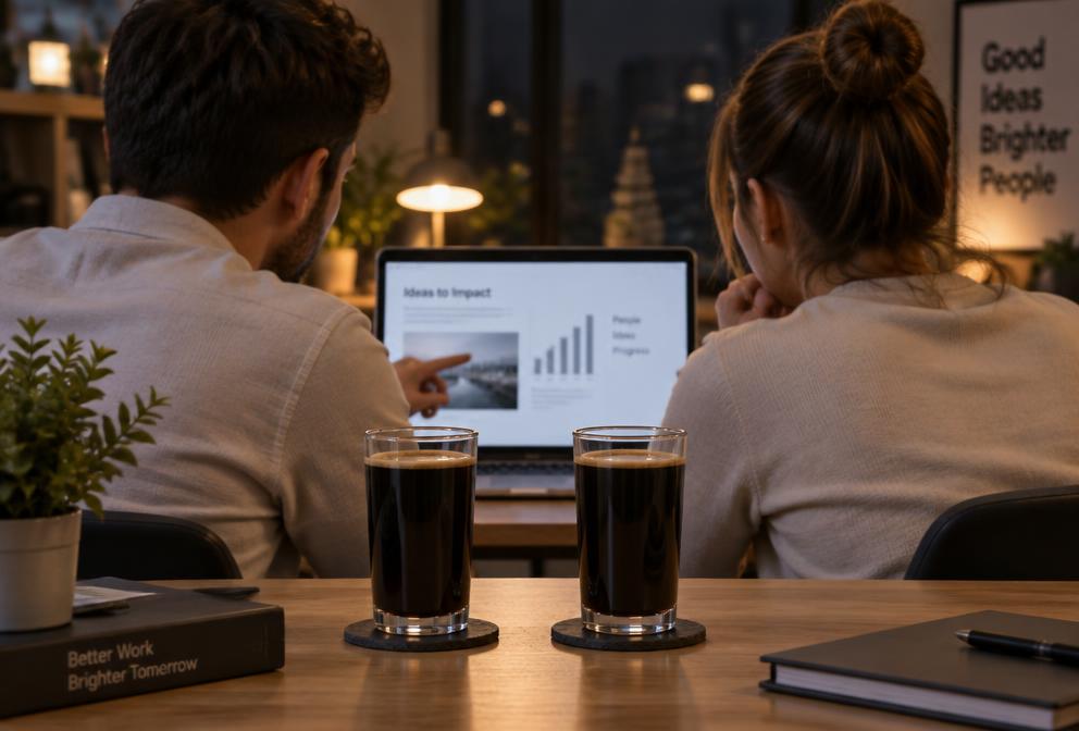 Zwei identische schwarze Caffé Longo auf einem Schreibtisch, zwei Kollegen schauen gemeinsam auf einen Laptop